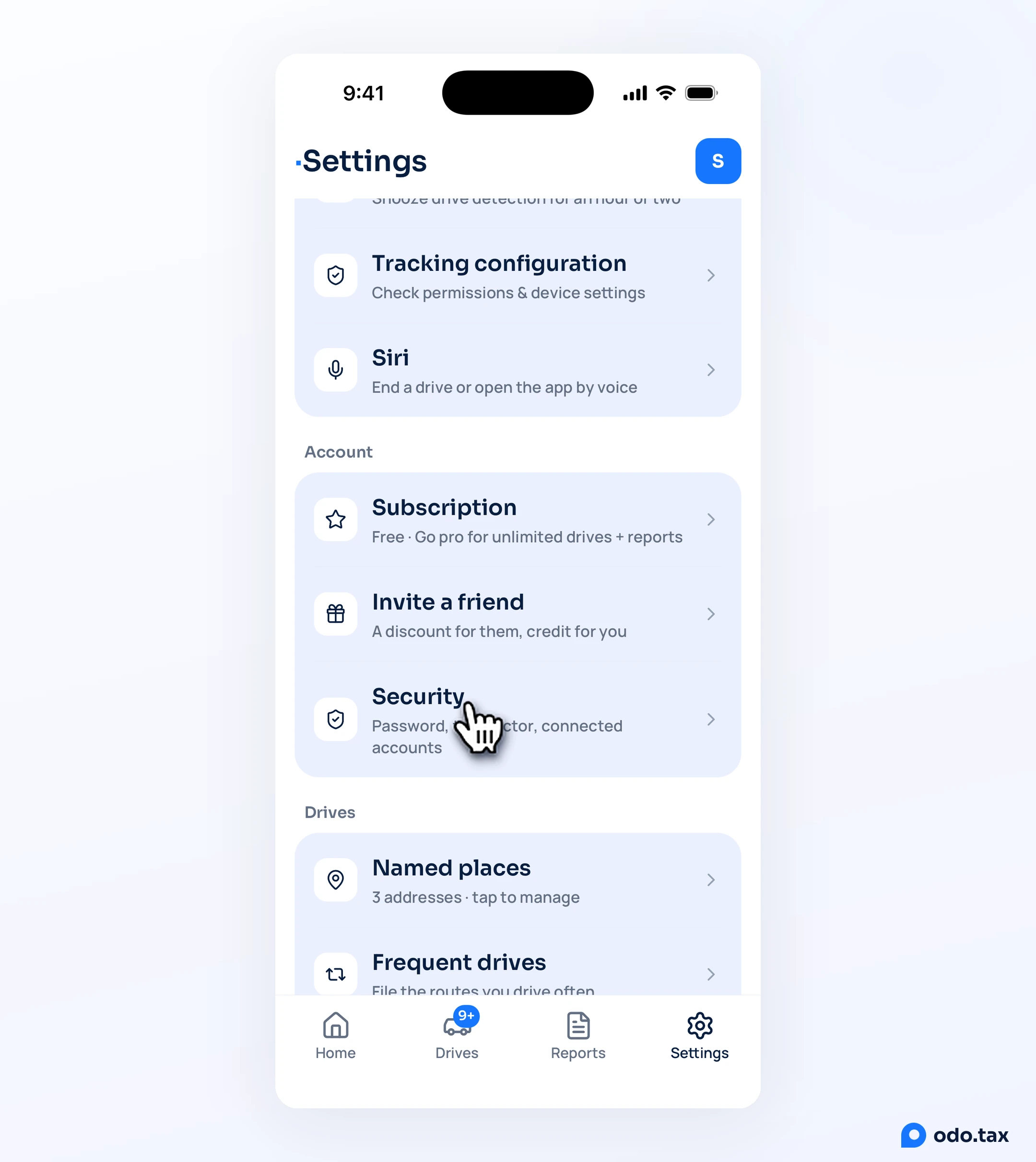 Settings in OdoTax on an iPhone, scrolled to Account, with the hand on Security.