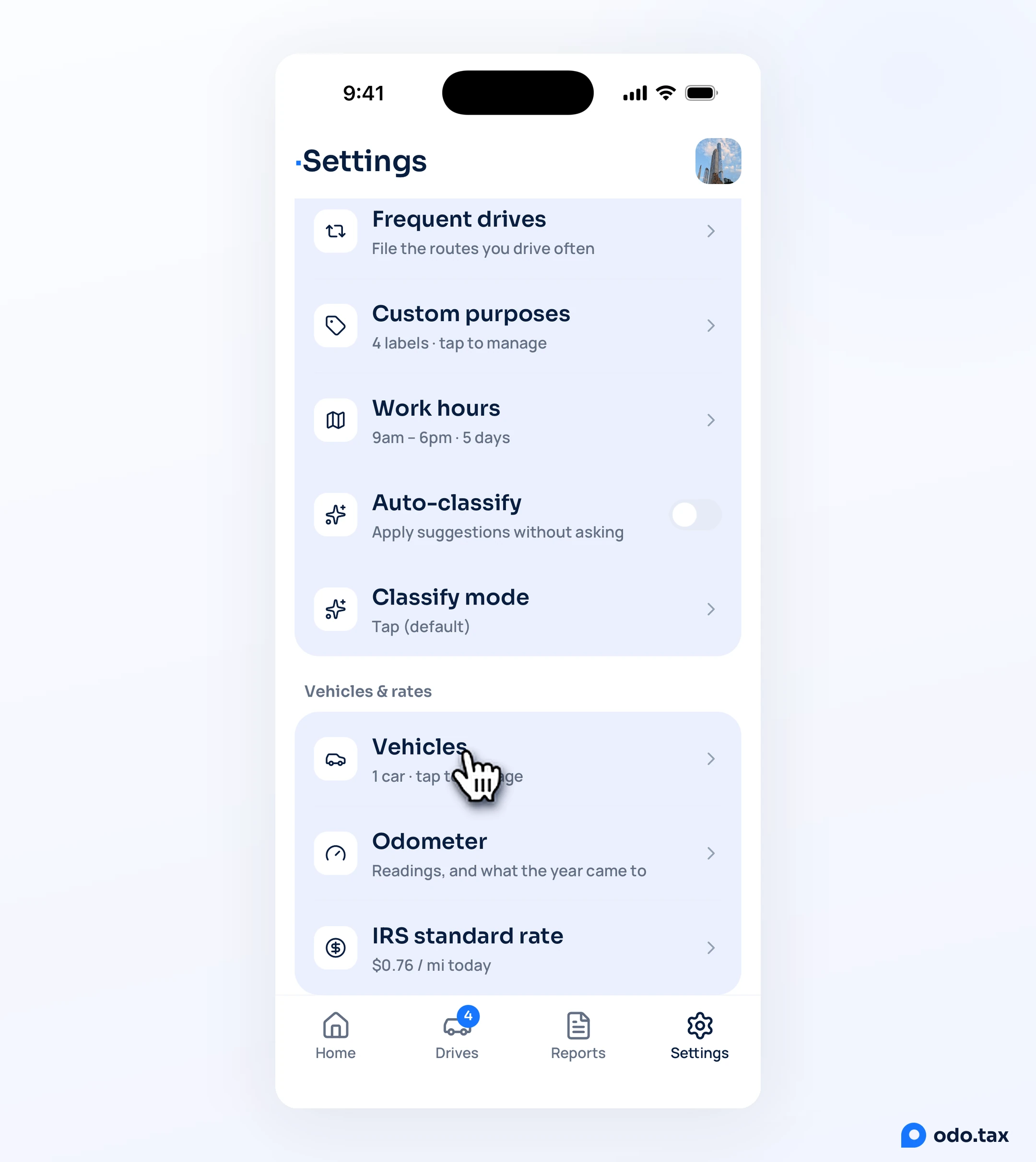 Settings in OdoTax on an iPhone, scrolled to Vehicles & rates, with the hand on Vehicles.