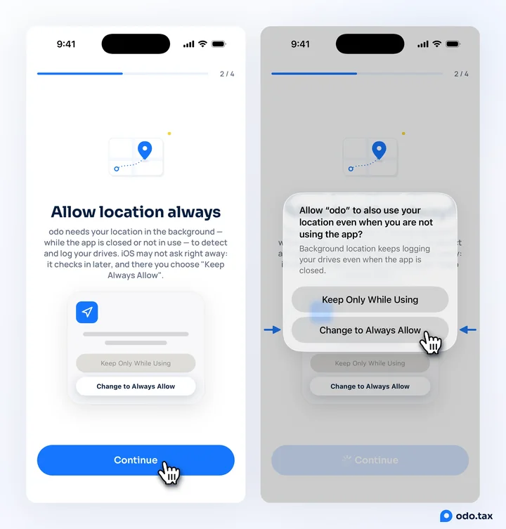 OdoTax’s "Allow location always" screen, and the iPhone’s popup asking to also use your location when you are not using the app, with the hand on Change to Always Allow.