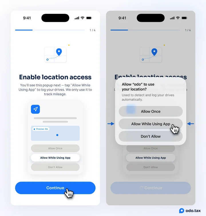 OdoTax’s "Enable location access" screen, and the iPhone’s popup asking to allow OdoTax to use your location, with Precise on and the hand on Allow While Using App.