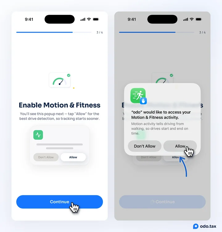 OdoTax’s "Enable Motion & Fitness" screen, and the iPhone’s popup asking to access your Motion & Fitness activity, with the hand on Allow.