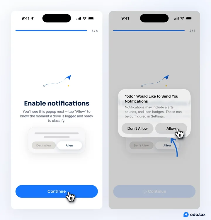 OdoTax’s "Enable notifications" screen, and the iPhone’s popup asking to send you notifications, with the hand on Allow.