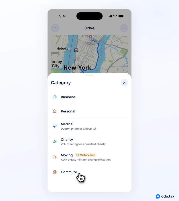 The Category sheet on a drive in OdoTax on an iPhone — Business, Personal, Medical, Charity, Moving (On orders only), Commute — with the hand on Commute.