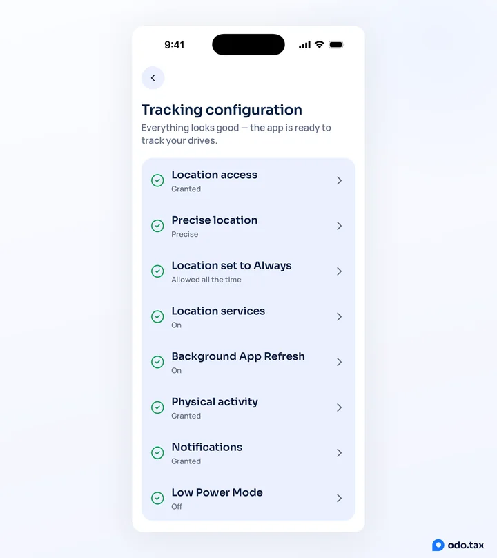 The app’s Tracking configuration screen saying Everything looks good, with a green tick on every line