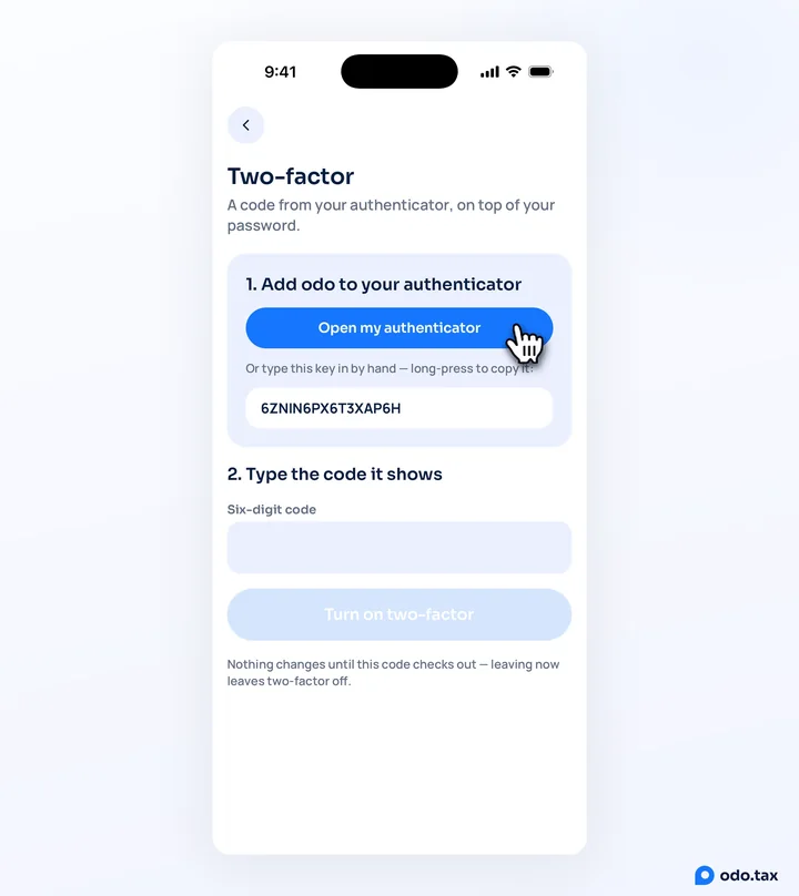 Two-factor in odo on iPhone after the password: Open my authenticator with the hand on it, the key to type by hand, and a box for the six-digit code.