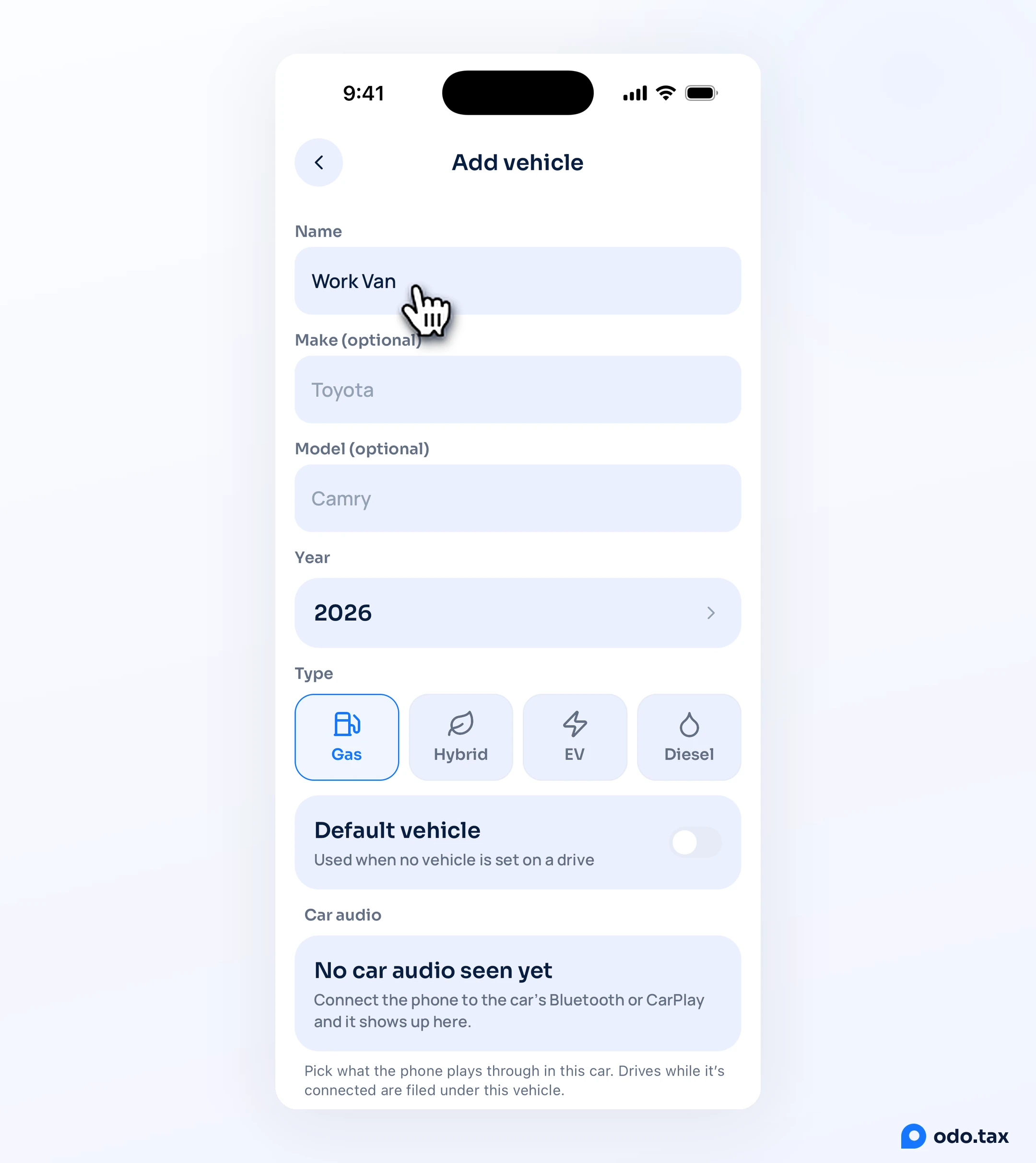 Add vehicle in OdoTax on an iPhone with Work Van typed as the name, and the hand on it.