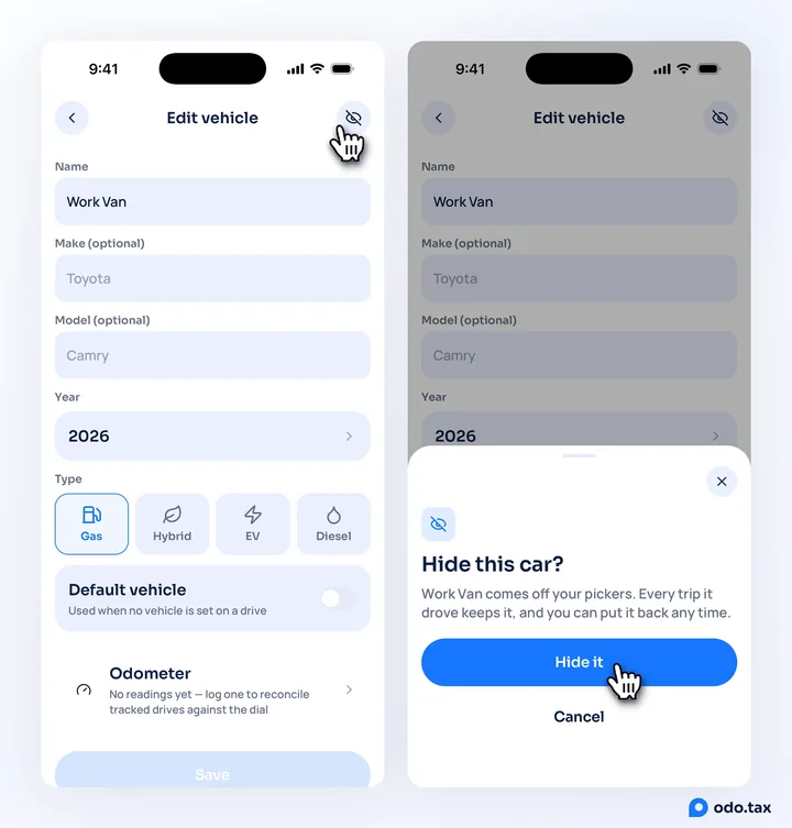 Two iPhones: the Edit vehicle screen with the hand on the hide button at the top right, and the Hide this car? sheet with the hand on Hide it.