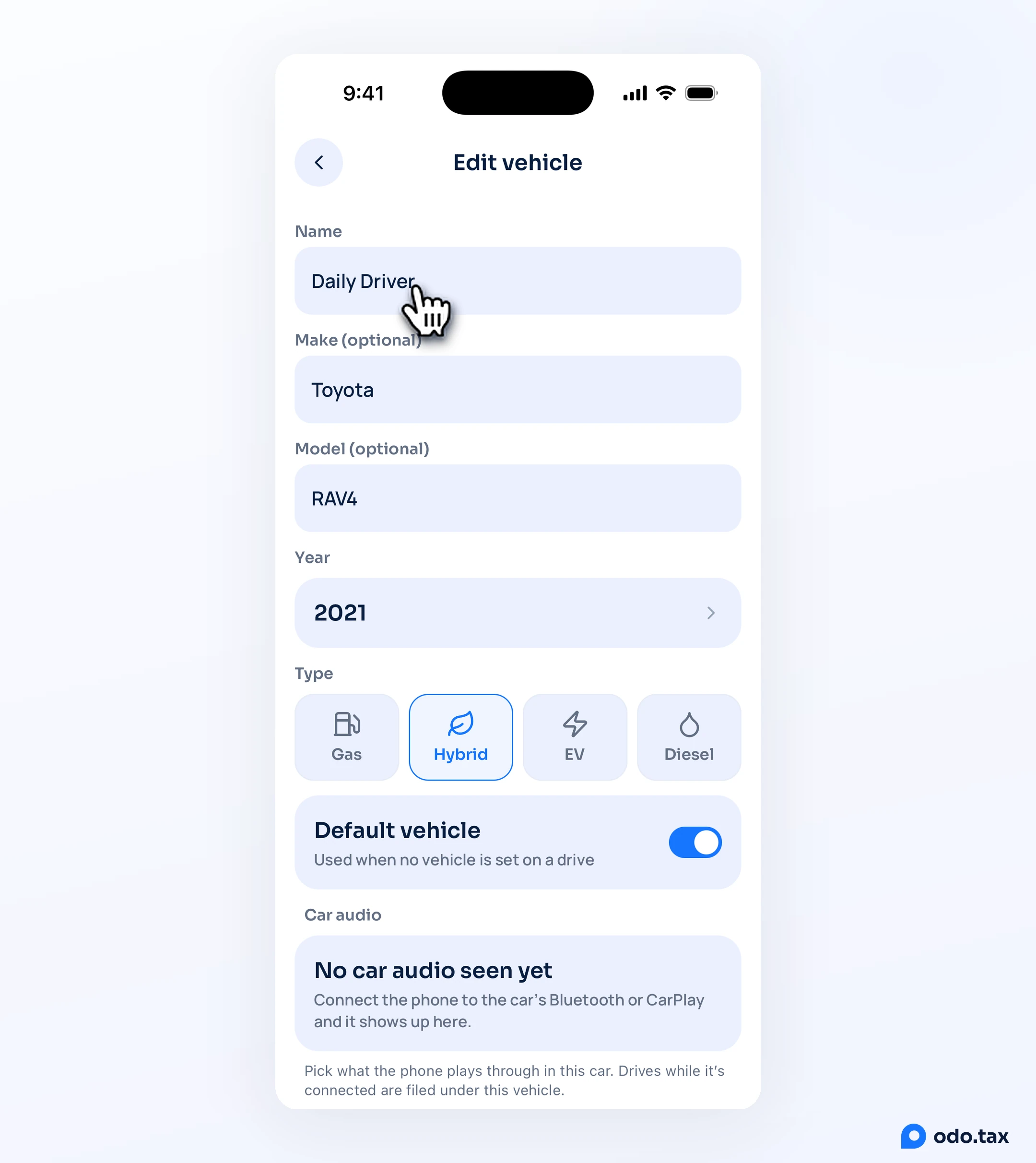 The Edit vehicle screen in OdoTax on an iPhone: name, optional make and model, year, type, the Default vehicle switch and the car’s audio, with the hand on the name.