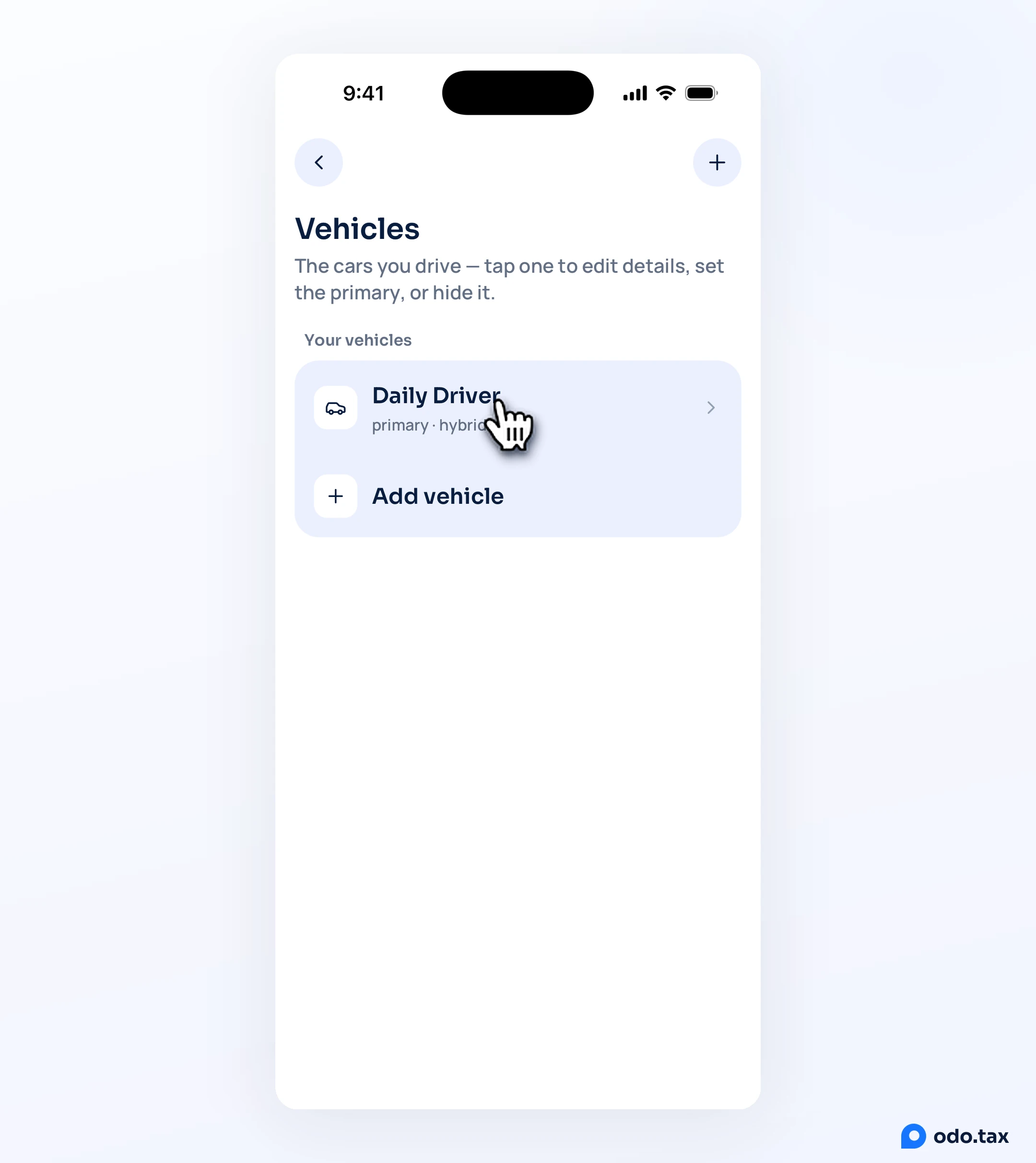 The Vehicles screen in OdoTax on an iPhone with the hand on the car, Daily Driver.