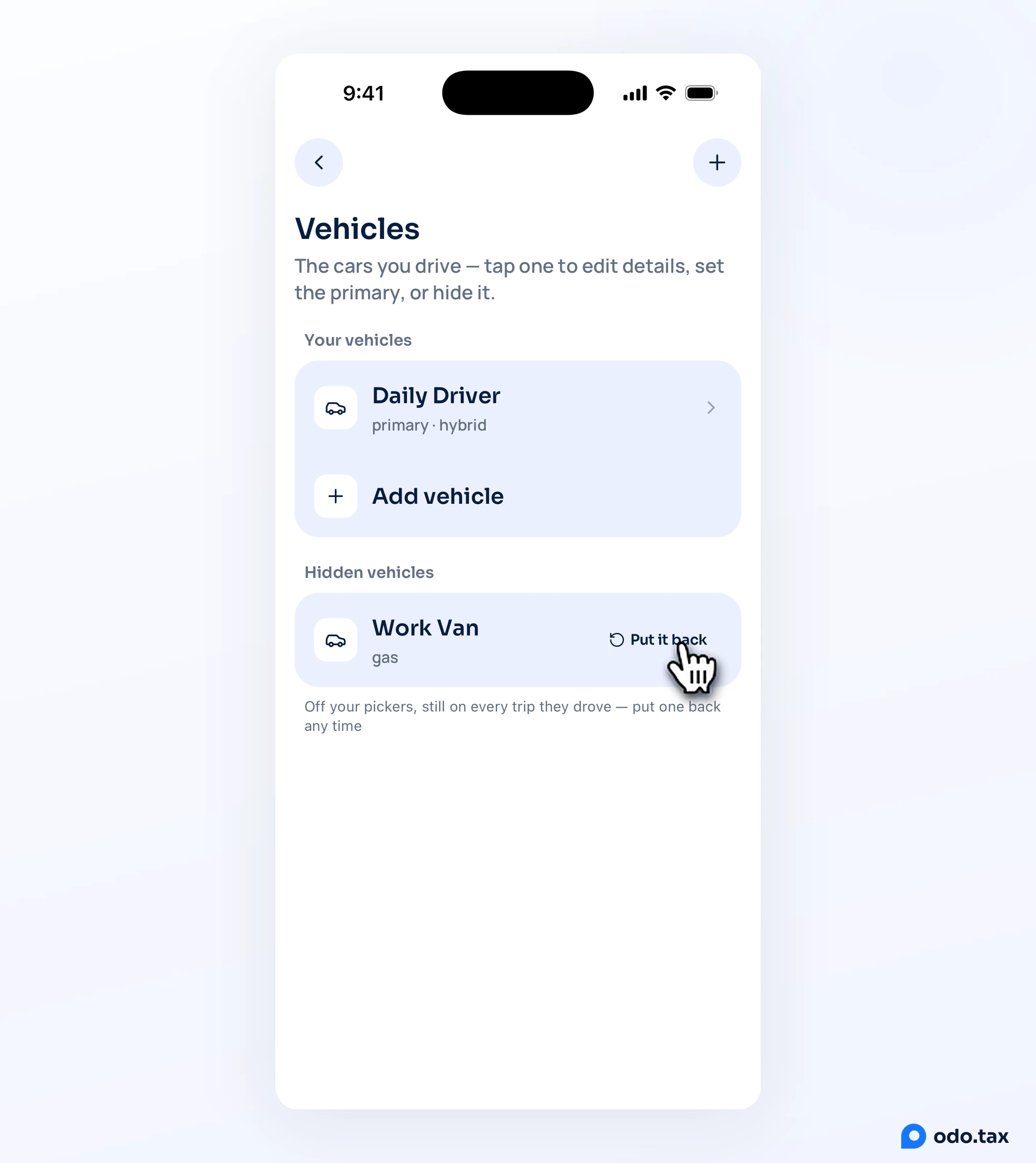The Vehicles screen on an iPhone with Work Van under Hidden vehicles, and the hand on Put it back.
