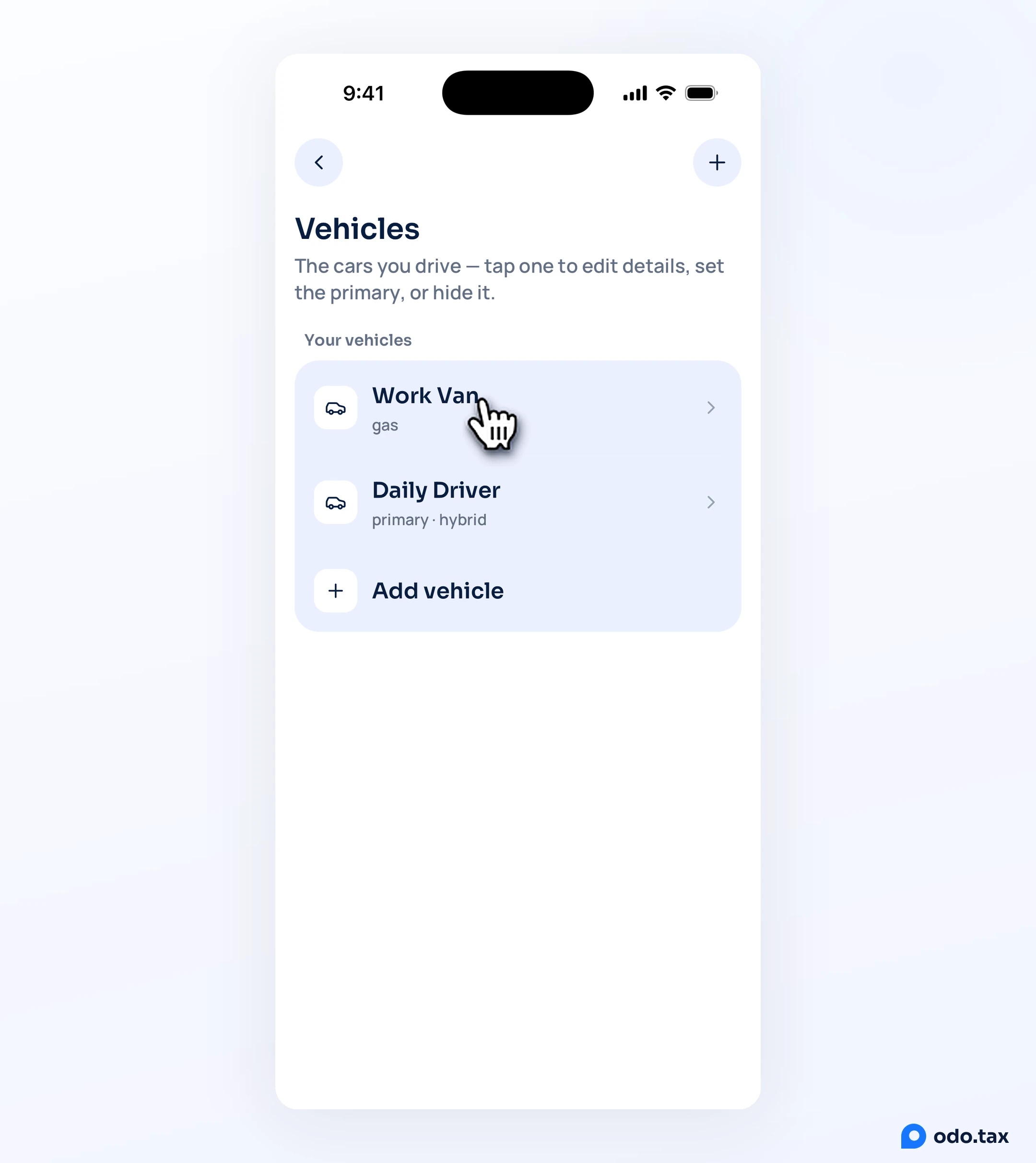 The Vehicles screen in OdoTax on an iPhone with two cars, and the hand on Work Van.