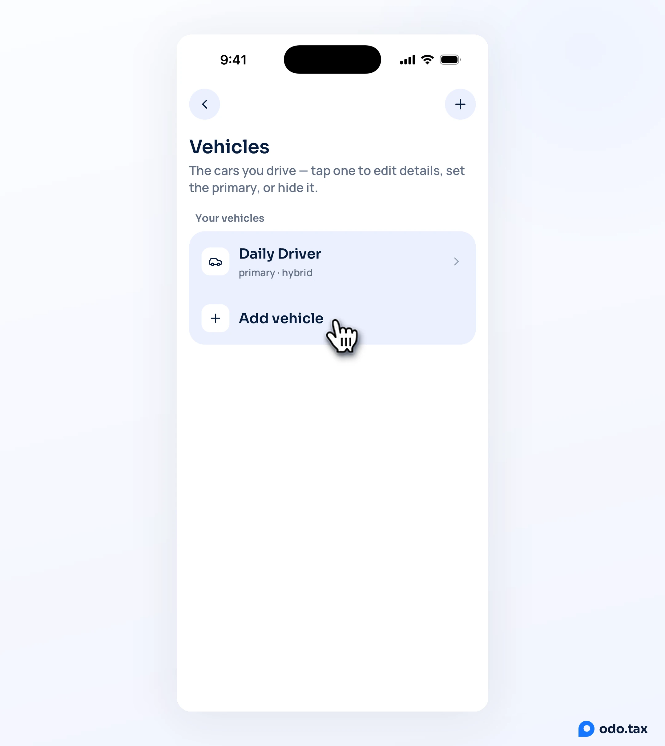 The Vehicles screen in OdoTax on an iPhone: the car you have, and the hand on Add vehicle.