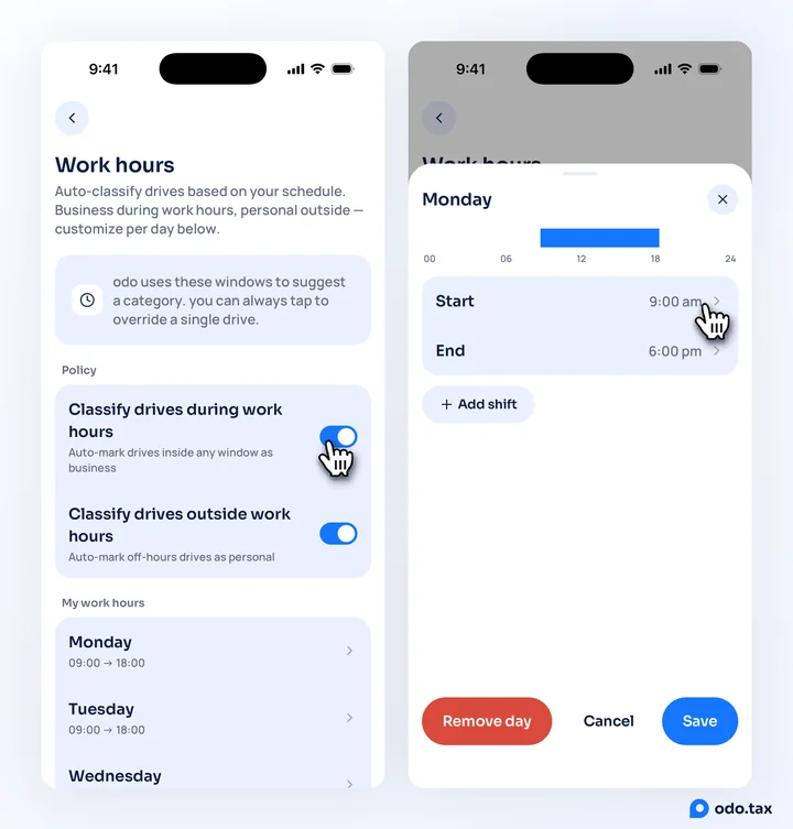 Two iPhones: the Work hours screen with its two switches and the week, the hand on the first switch; and Monday’s sheet with Start 9:00 am, End 6:00 pm, Add shift, and Remove day, Cancel and Save.