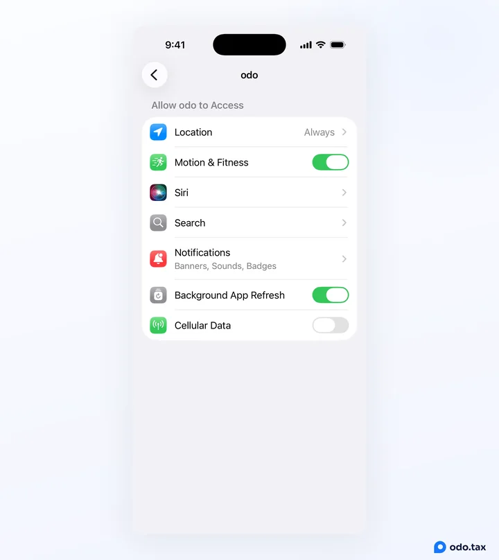 odo’s page in the iPhone’s Settings: Location set to Always, Motion & Fitness on, and Notifications allowed.