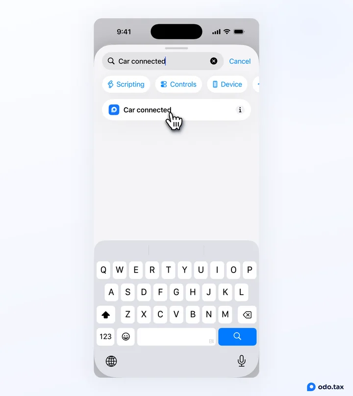 Shortcuts’ action search with Car connected typed in, and the hand on odo’s Car connected action.