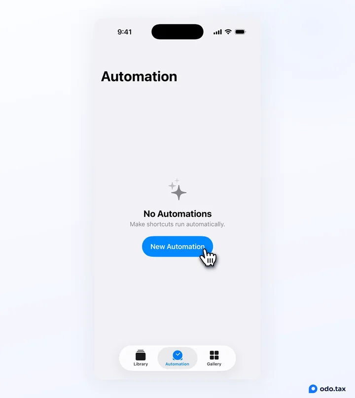 The Automation tab of the Shortcuts app with no automations yet, and the hand on New Automation.