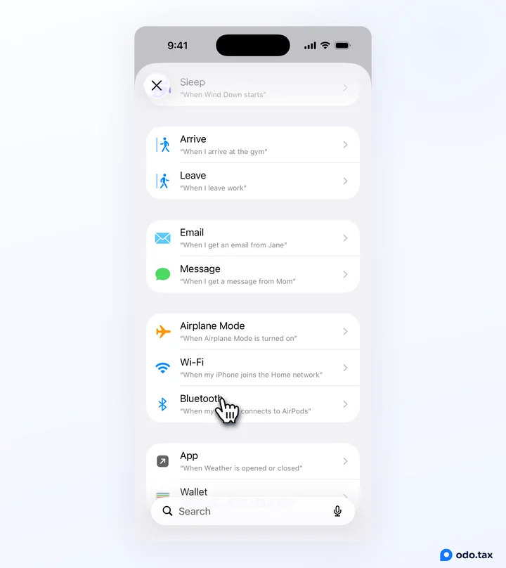 The list of triggers for a new automation in Shortcuts, with the hand on Bluetooth.