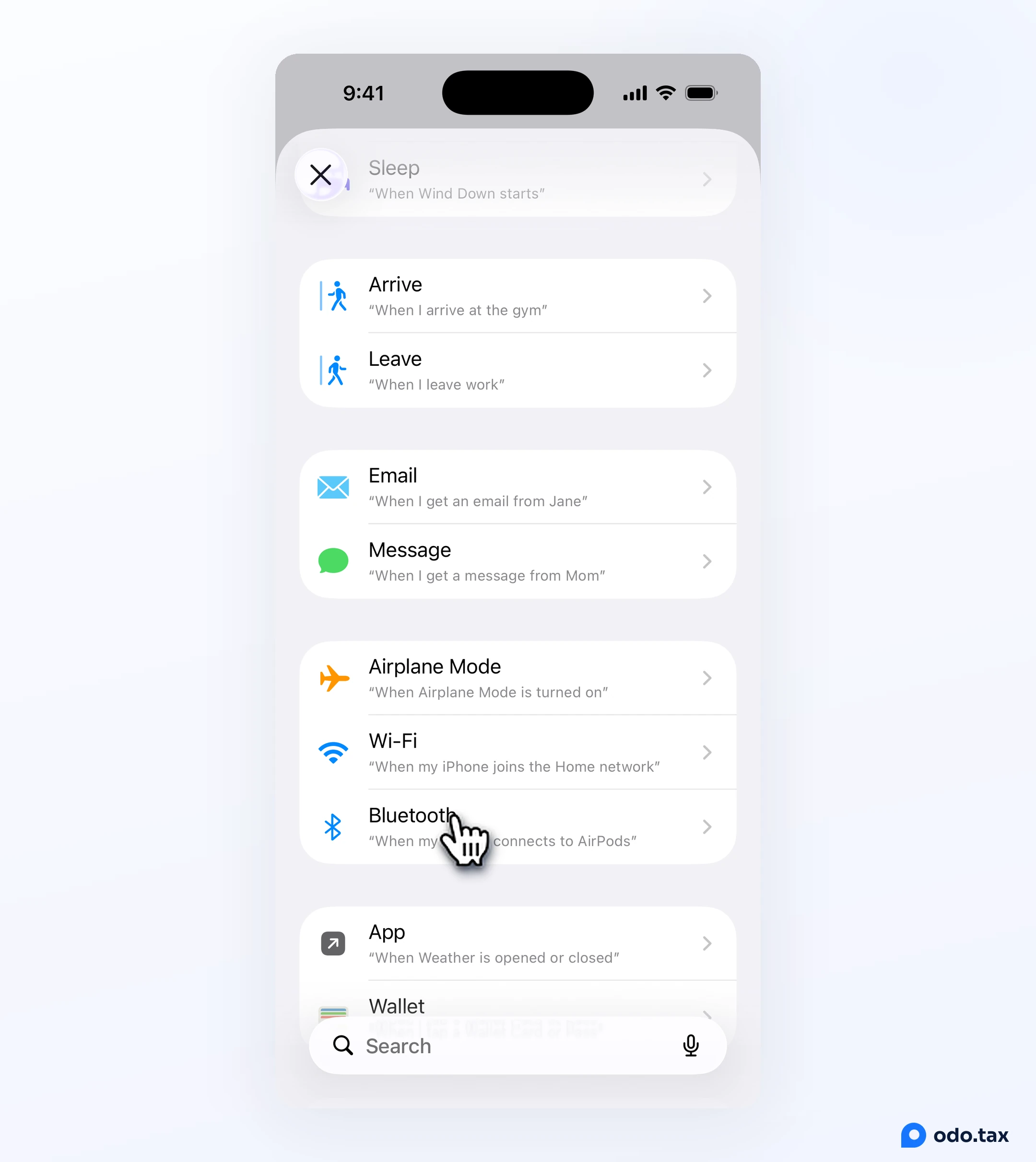The list of triggers for a new automation in Shortcuts, with the hand on Bluetooth.