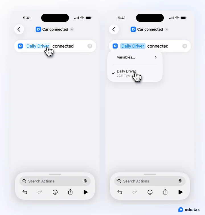 Two screens: odo’s action in Shortcuts reading Daily Driver connected, with the hand on the car’s name, and the list of the account’s cars that opens from it.