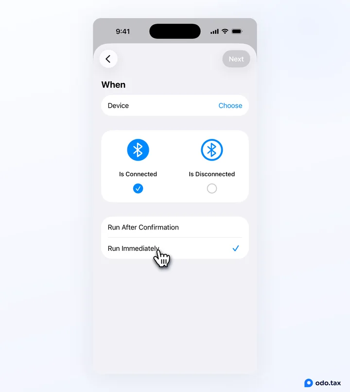 The Bluetooth trigger in Shortcuts: Device, Is Connected ticked, and the hand on Run Immediately, now ticked instead of Run After Confirmation.