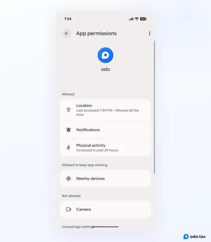 Android’s App permissions screen for odo, listing Location allowed all the time, Notifications and Physical activity.