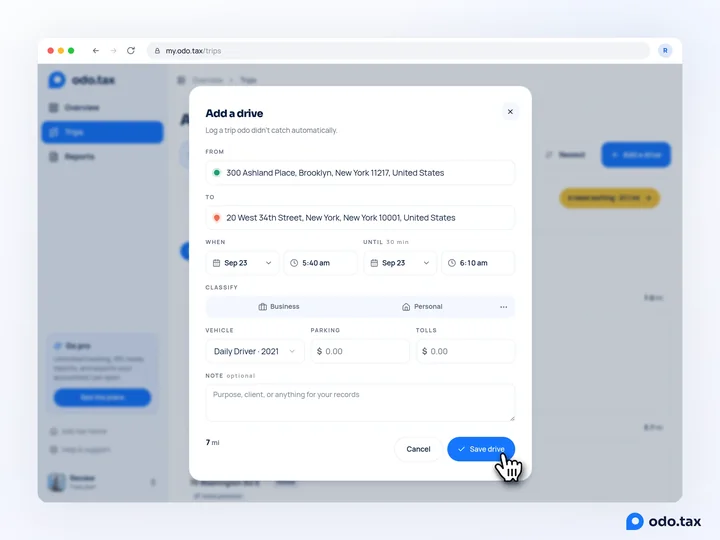The Add a drive window in the web account: both addresses filled in, the date and times, the class, vehicle, parking and tolls, 3.7 miles by road, and the hand on Save drive.