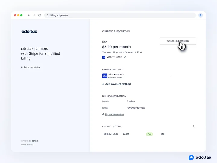 The billing portal: the pro plan at $7.99 per month with its next billing date, the card, and the Cancel subscription button.