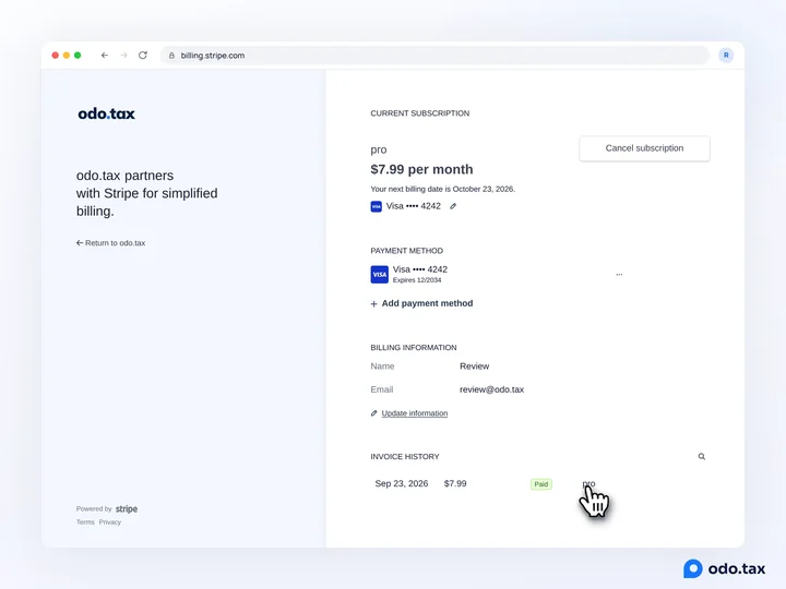 The billing portal's Invoice history with a paid $7.99 pro invoice.