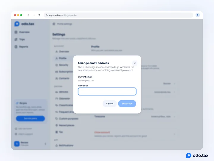 The Change email address dialog in the web account: the current email, a field for the new one, and Send code.