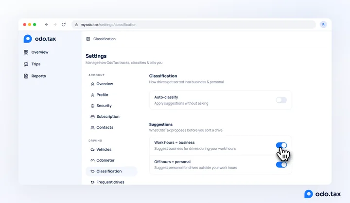 The Suggestions block of the Classification settings in the web account: Work hours = business and Off hours = personal, both on, with the hand on the first.