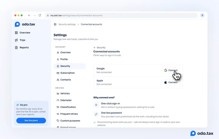 Settings → Security → Connected accounts in the web account: Google and Apple, both not connected, and the hand on Connect next to Google.