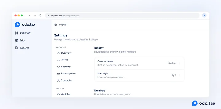 Settings → Display in the web account: Color scheme, Map style, Metric units and Headline metric.