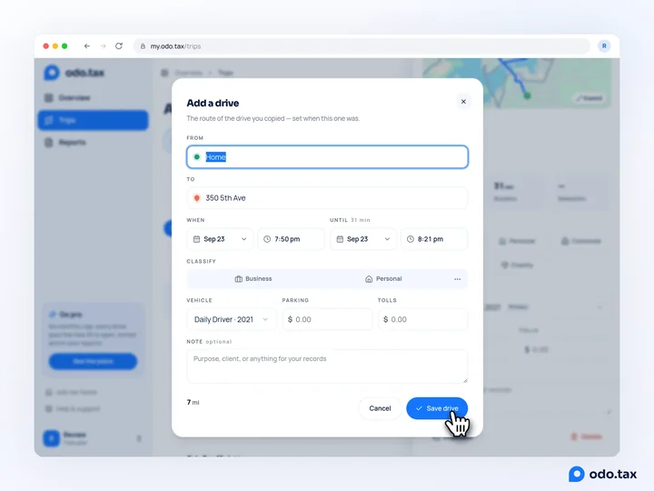 Add a drive on the site, filled from a copied drive — Home to 350 5th Ave, 7 miles, the vehicle — with the time set to now and the hand on Save drive.