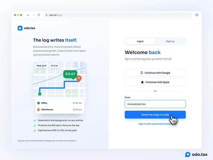 The sign-in page of the web account: Continue with Google, Continue with Apple, the email typed in and the hand on Email me a sign-in code.