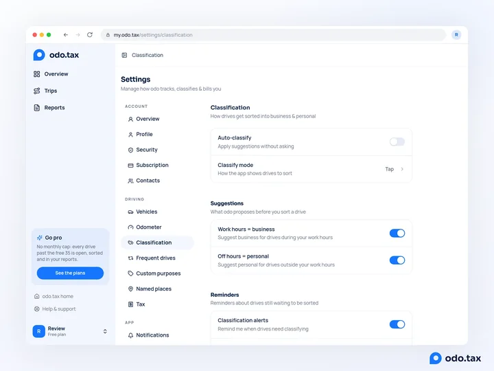 Settings → Classification in the web account, with the Reminders group: Classification alerts and how often they come.