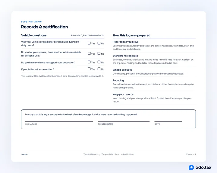 The records and certification page of an OdoTax mileage report: the vehicle questions from Schedule C Part IV, how the log was prepared, and the signature line.