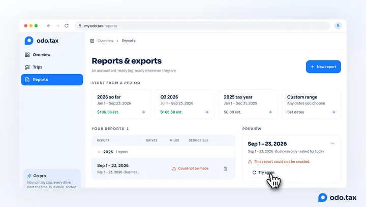 Reports on the site: a report marked Could not be made in the list, and opened beside it, This report could not be created with the hand on Try again.
