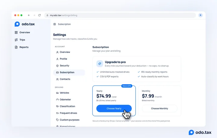 The Subscription page of the web account: Upgrade to pro, the yearly plan at $74.99 a year and the monthly at $7.99, and the hand on Choose Yearly.