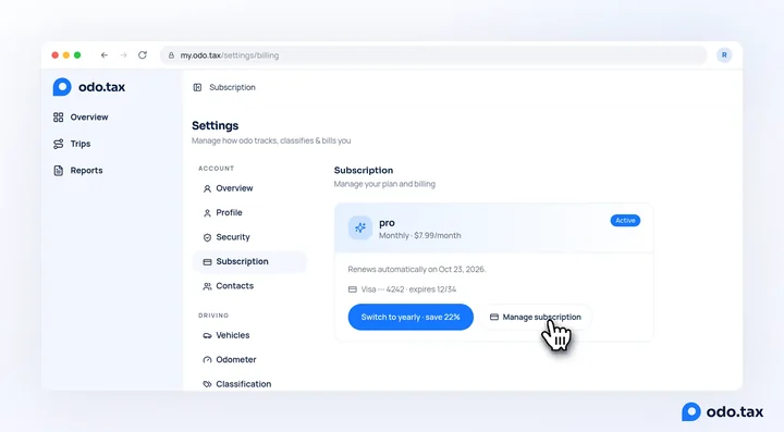 The Subscription page on the site with an active monthly pro plan, the card it is billed to, and the Switch to yearly and Manage subscription buttons.