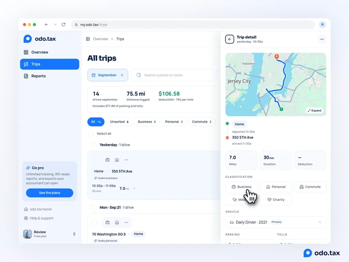 A drive open at the side of the Trips page: its map, from Home to 350 5th Ave, the miles and time, the classification buttons with the hand on Business, and the vehicle.