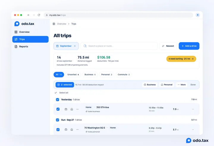 The Trips page of the web account with two drives ticked, and the bar above them with Business, Personal and More.