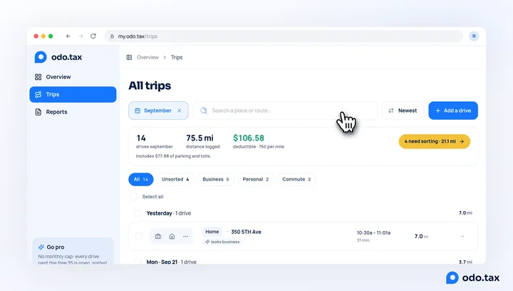 Trips in the web account: the September period, the search box with the hand on it, the sort, and the tabs All, Unsorted, Business, Personal and Commute.