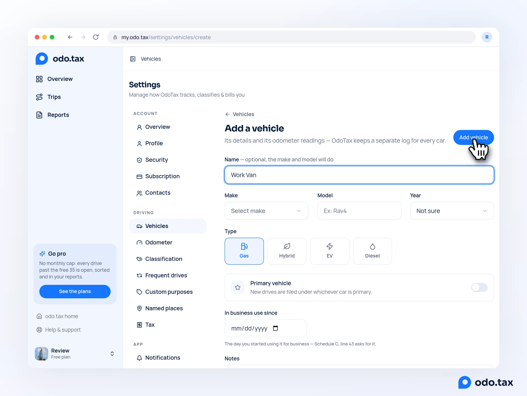 Add a vehicle in the web account with Work Van typed as the name, and the hand on Add vehicle.
