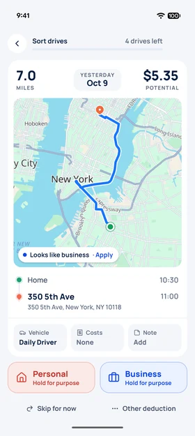 La app de OdoTax en Android con un viaje por clasificar: 7.0 millas de casa a 350 5th Ave en un mapa de Nueva York, $5.35 si es de negocio, y un botón Business y otro Personal.