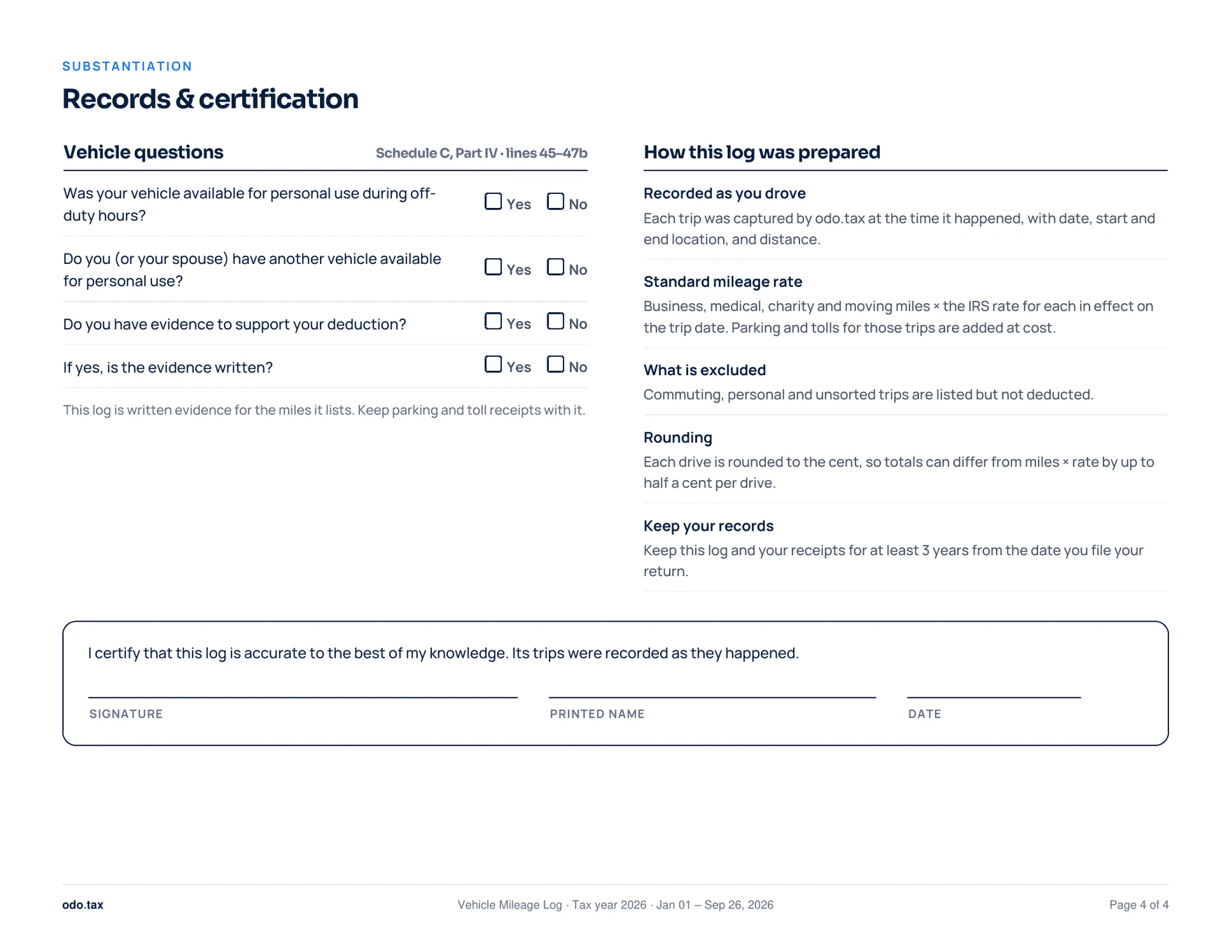 The last page: the Schedule C vehicle questions, how the log was prepared, and a certification line to sign.