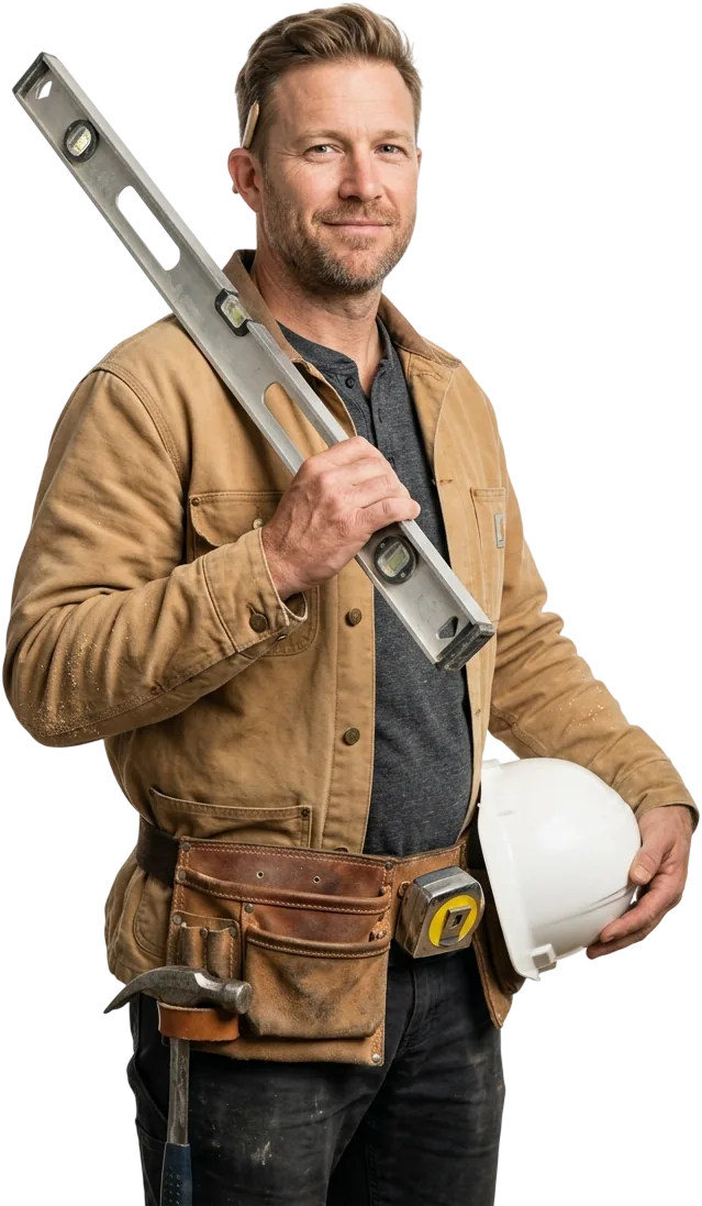 A general contractor with a spirit level on his shoulder and a white hard hat in his hand.