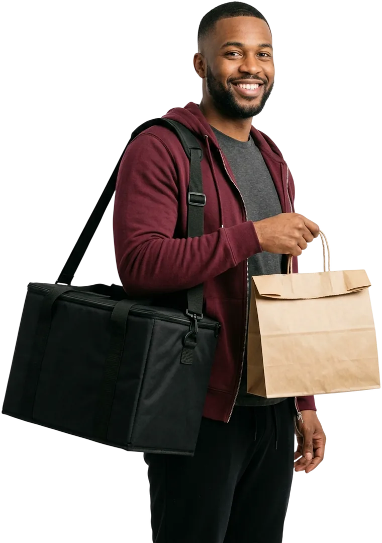 A smiling delivery driver in a burgundy hoodie with an insulated bag on his shoulder, holding a paper takeout bag.
