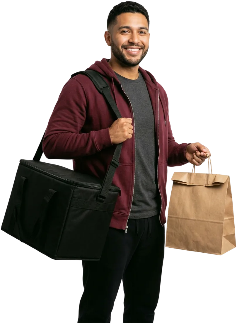 Un repartidor sonriente, con una sudadera con capucha color vino, sujeta la correa de la bolsa térmica que lleva al hombro y sostiene con la otra mano una bolsa de papel con comida para llevar.