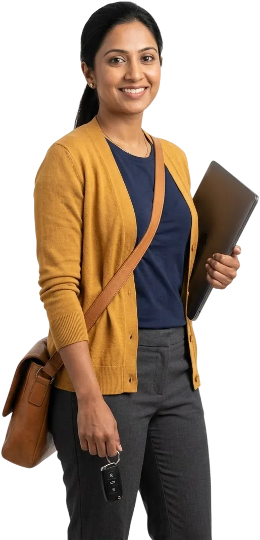 A consultant on her way to a client, a laptop under her arm and a car key in her hand.