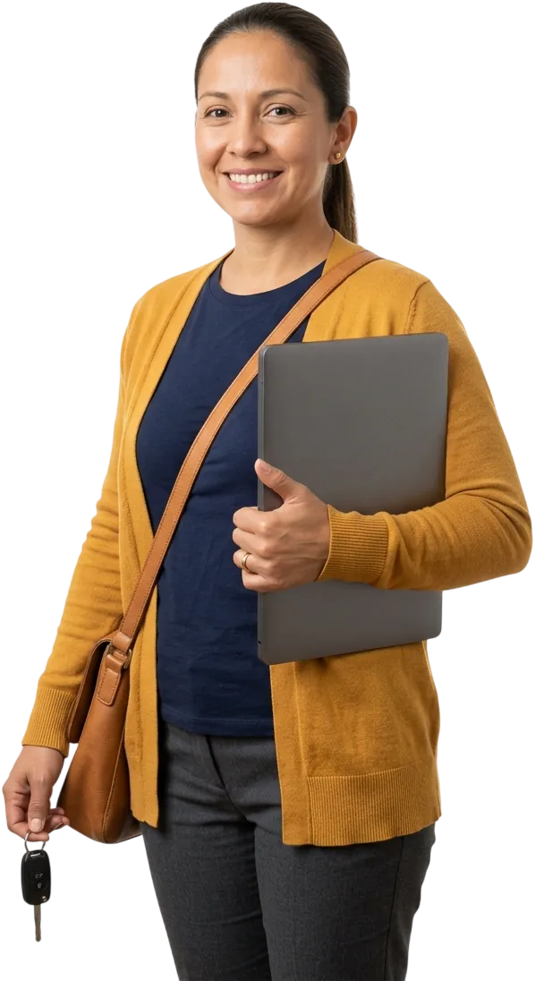 Una consultora camino a ver a un cliente, con una laptop sujeta contra el pecho y la llave del carro colgando de la otra mano.